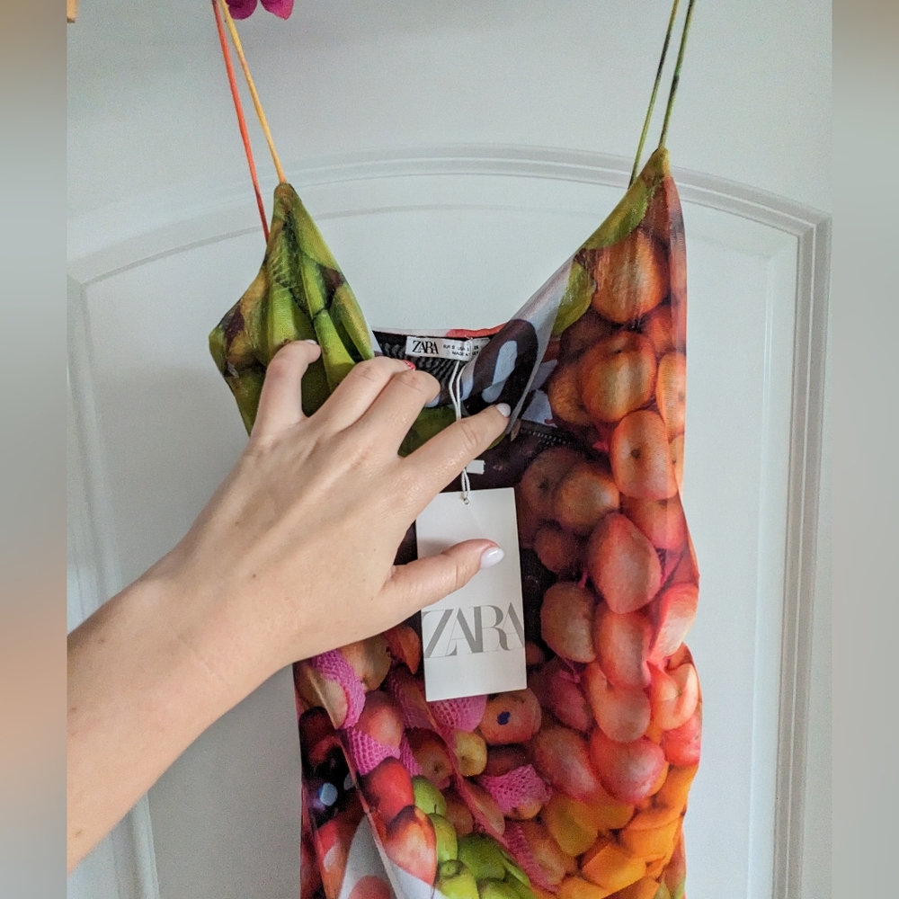 ZARA WATERCOLOR VIBRANT FLORAL FRUIT PRINT MESH MIDI SHEATH SLIP DRESS Size S - Picture 7 of 14